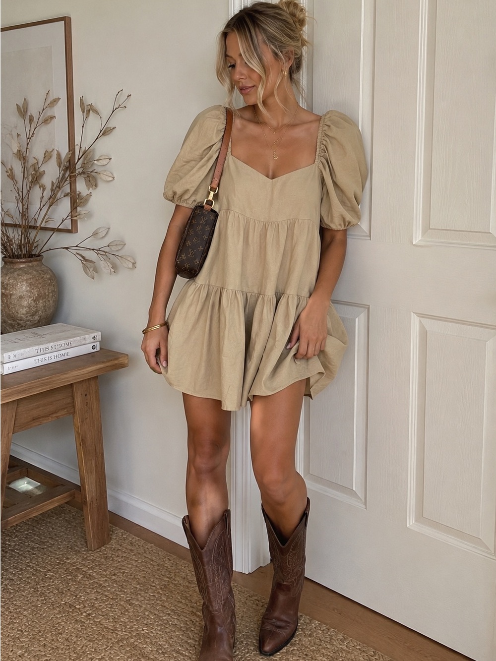 Ganni Puff Sleeve Tiered Mini Dress in Beige